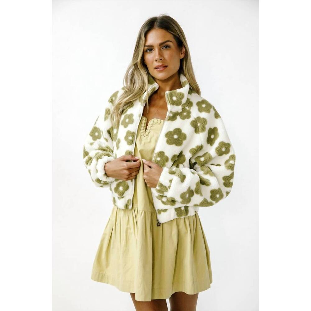 NEW HYFVE cropped daisy print sherpa jacket in green floral pattern